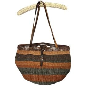 Vintage Woven Sisal & Leather Large Tote Shopper Bag Round Base